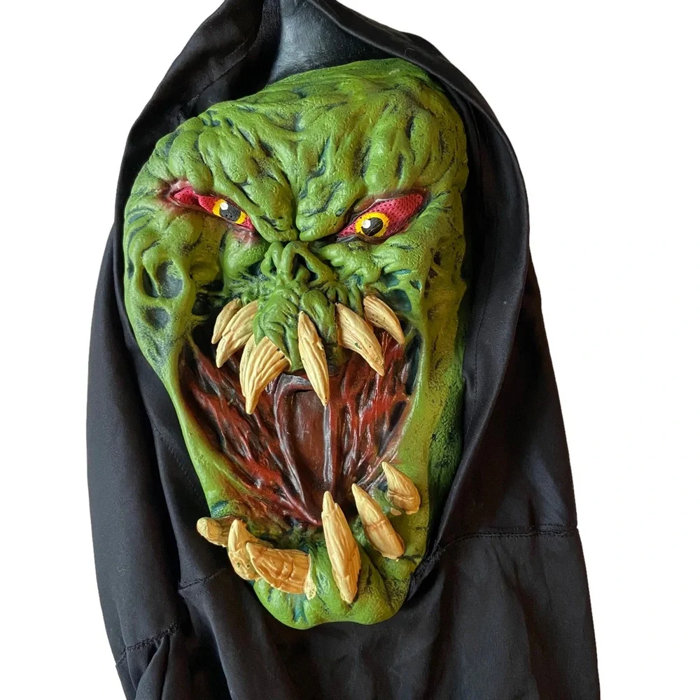 PAPER MAGIC Vintage Monster Mask 2002 Scary Green Teeth Halloween Costume Hood
